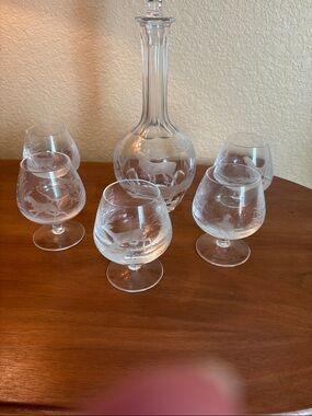 Crystal Decanter with 5 Brandy Snifters - Hunter Theme